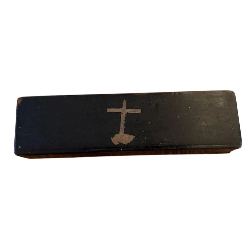 Antique pencil‎ box pre 1800's featuring children on the front and a cross